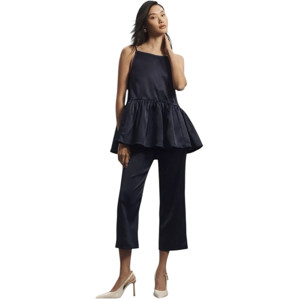 Anthropologie Silk Satin High Rise Navy Crop Pants Chic blue - Picture 3 of 7